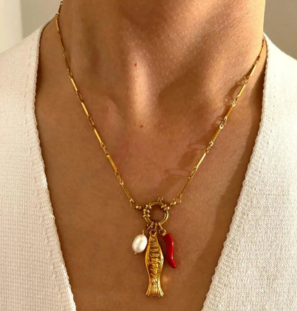 Stainless Steel Koi Fish Oil-Drizzling Chili Freshwater Pearl Necklace For Women null