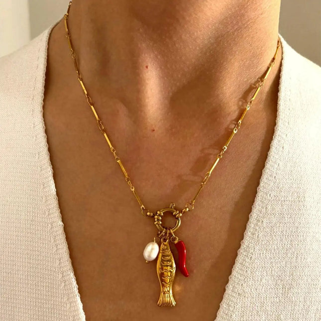 Stainless Steel Koi Fish Oil-Drizzling Chili Freshwater Pearl Necklace For Women null