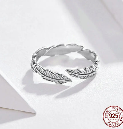 925 Sterling Silver Feather Adjustable Ring null