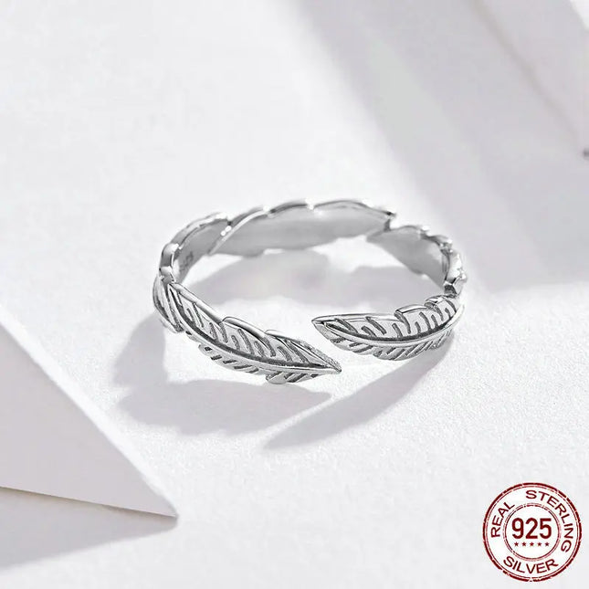 925 Sterling Silver Feather Adjustable Ring null